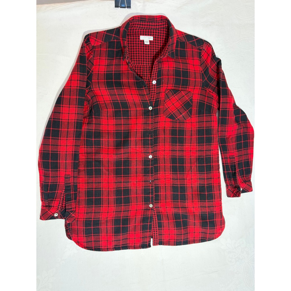 J. Jill Red Black Plaid Flannel Button Down Shirt XS Long Sleeve Gingham Trim